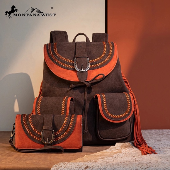 Montana West Fringe Buckle Collection Backpack Wallet Set- Coffee main image 4